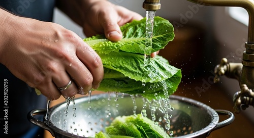 Washing Fresh Romaine Lettuce Under Running Water in a Colander.