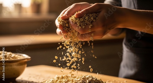 Close-up of Hands Pouring Grains onto a Wooden Surface.