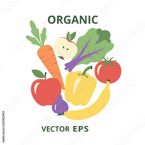 Bild auf Leinwand Fresh Organic Vegetables and Fruits Collection Vector Illustration
