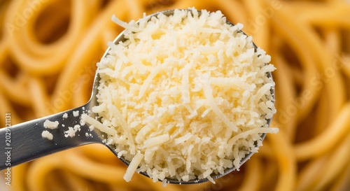 Close-up of Grated Parmesan Cheese Sprinkled on Freshly Cooked Spaghetti.
