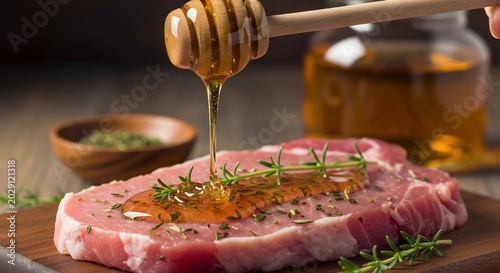 Raw Pork Chop Being Glazed with Honey and Herbs.