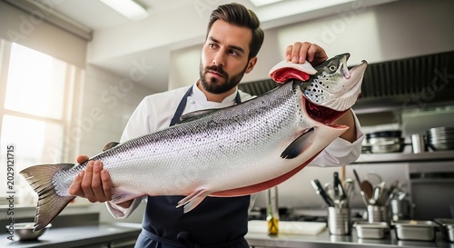 Professional Chef Proudly Presents a Large Fresh Salmon in a Commercial Kitchen.