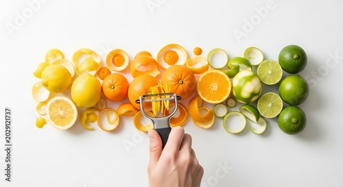 Citrus fruits being peeled and sliced in a vibrant display.