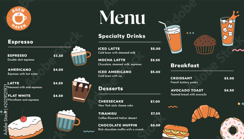 Photography A dark green coffee shop menu board displaying various espresso drinks, specialty beverages, desserts, and breakfast items with illustrations