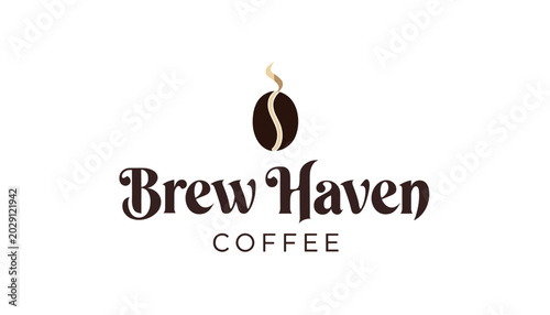 Fotografia Brew Haven Coffee logo featuring a dark brown coffee bean with a golden wisp of steam, above the brand name in decorative and sans-serif fonts on a white background