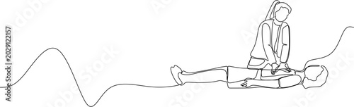 Fényképezés Continuous line illustration of a paramedic woman performing CPR chest compression on an unconscious patient