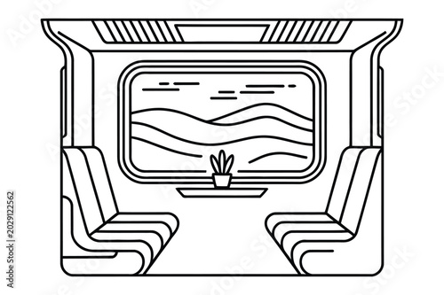 Train carriage passenger cabin with window view of landscape illustration, transport