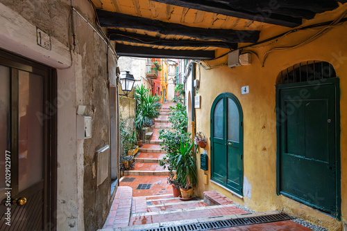 Photography The narrow alleys, stairways and residential streets in the hilltop medieval Old Town Vieille Ville at Menton, France, along the Cote d'Azur French Riviera