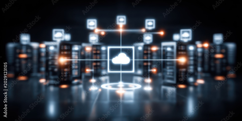 Fototapeta premium High tech infrastructure uses a private network and server array to manage access to cloud computing storage for all busy users.