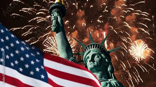 Statue of Liberty and American flag with fireworks for independence day of america celebration at night