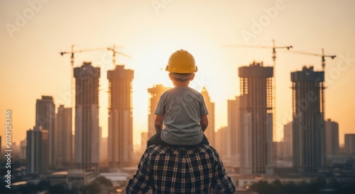 A father and son wearing a construction helmet looking at a city skyline at sunset