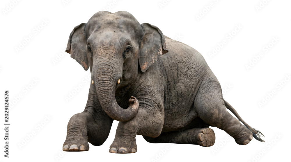 Fototapeta premium Sri Lankan Wild Elephant Sitting Isolated on White Background PNG Wildlife Portrait