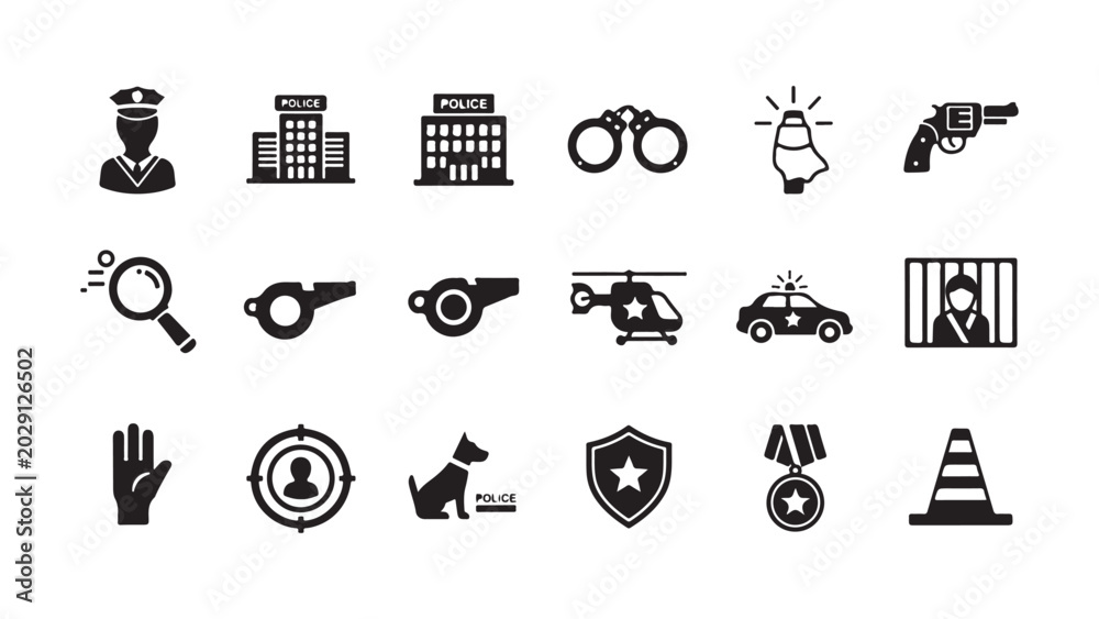 Obraz premium Collection of police and law enforcement icons isolated on transparent background