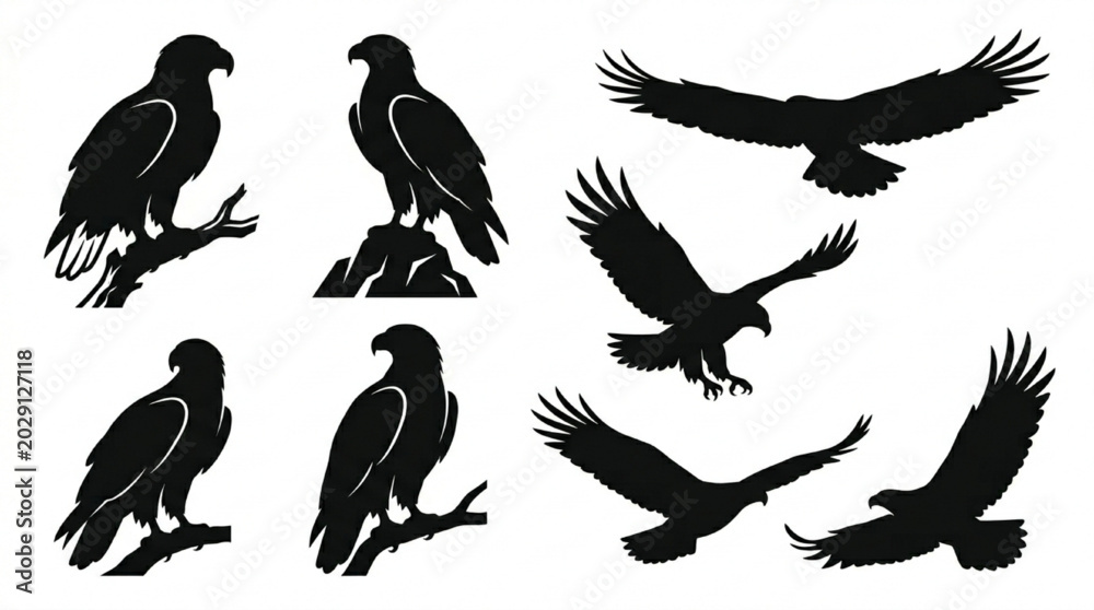 Obraz premium Black silhouette birds flying and perched in various poses isolated on white background, Vector