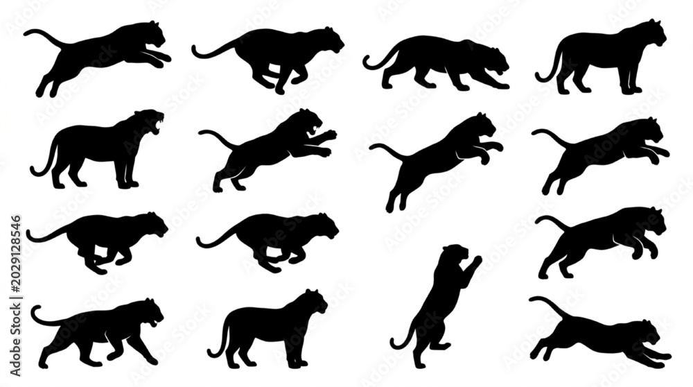 Fototapeta premium Black silhouette cats in various dynamic poses and actions isolated on white background, Vector