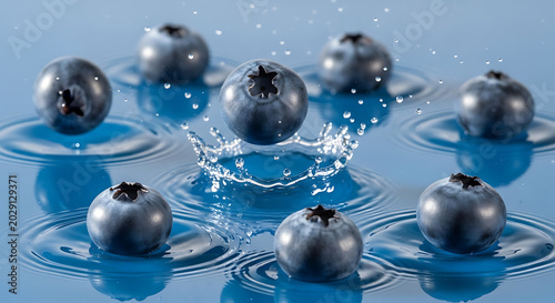 Blueberries dropping in water with splashes