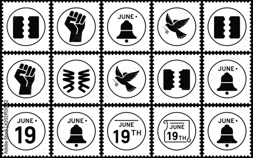 Foto Juneteenth stamps with freedom and celebration symbols on white background