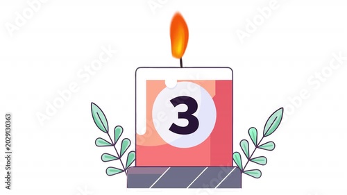 Festive candle with the number three and leaves. Anniversary date animation, alpha channel. Cartoon