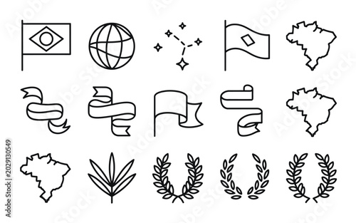 Tableau sur toile Collection of 15 elegant thin line icons featuring brazilian symbols and flags