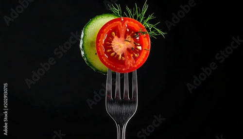 A fork with tomato, cucumber, and dill on a black background