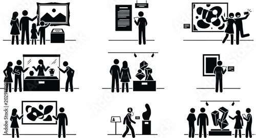 Fotografi Museum and art gallery exhibition stick figure icons set