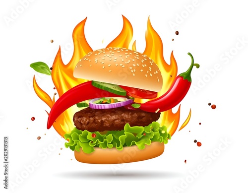 A hot burger with flames, chili, lettuce, onion