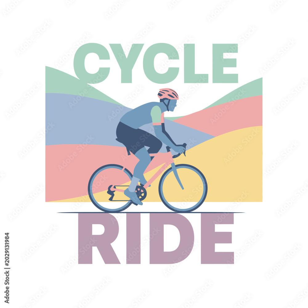 Naklejka premium Man Cycling through Pastel Hills - Cycle Ride Graphic