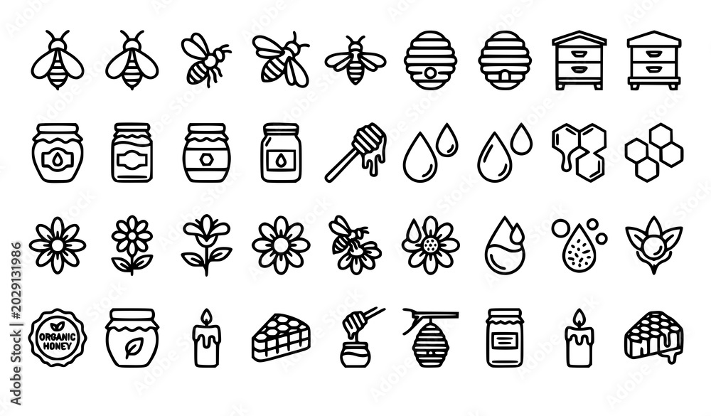 Naklejka premium Natural honey production outline icons collection featuring bees combs wax jars dripping spoon and flowers on white background