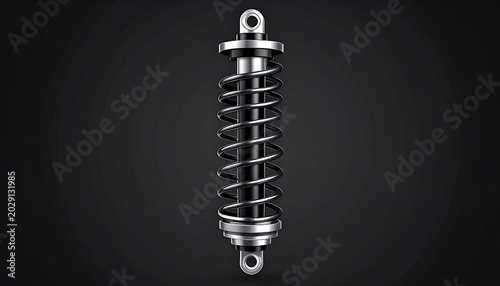 A metallic coil spring shock absorber on a black background