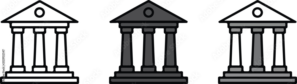 Fototapeta premium Minimalist architectural classical building icon set with greek pillars for bank government museum or university court landmark