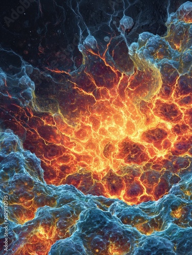 Abstract illustration of inflammatory cytokine storm with fire engulfing cellular landscape