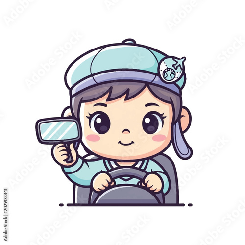 Cartoon girl driving a vehicle smiling.
