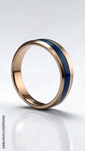 A shiny gold ring with a blue inlay on a reflective surface