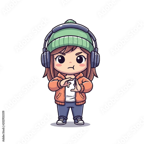Cartoon girl wearing headphones and beanie.