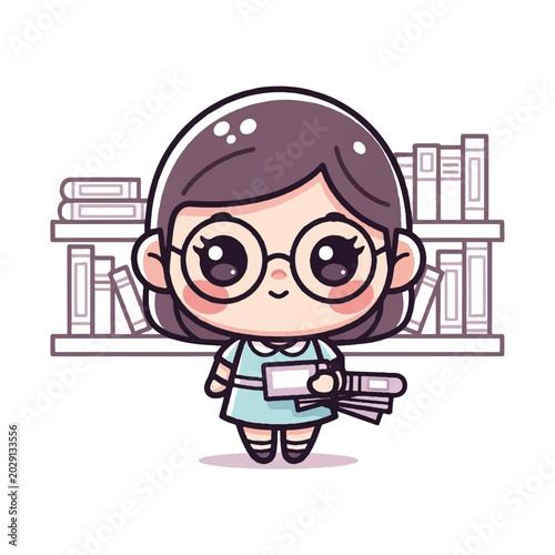 Cartoon girl with glasses and books.
