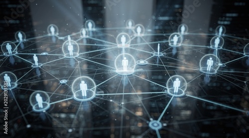 A digital network illustration showing interconnected figures, symbolizing communication and social connections in a modern urban environment.