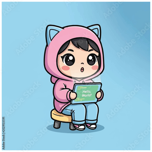 Cartoon girl with pink cat hoodie.