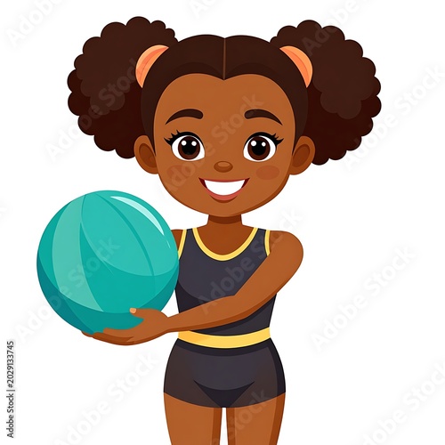 A smiling young girl with brown skin and hair in pigtails holds a teal ball