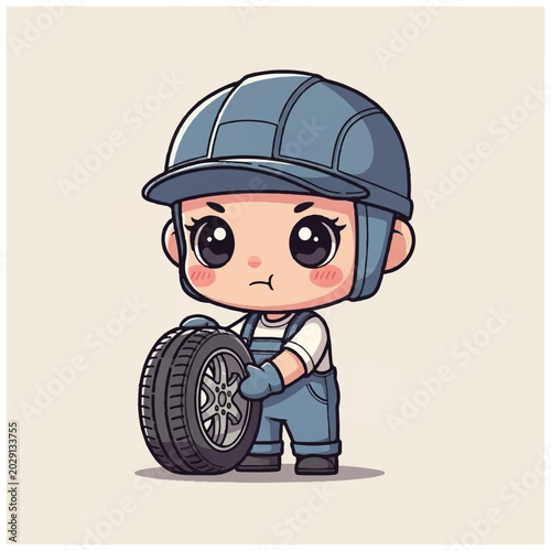 Cartoon mechanic girl with tire.