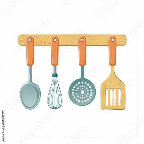 Set of Kitchen Utensils Hanging on a Wooden Rack
