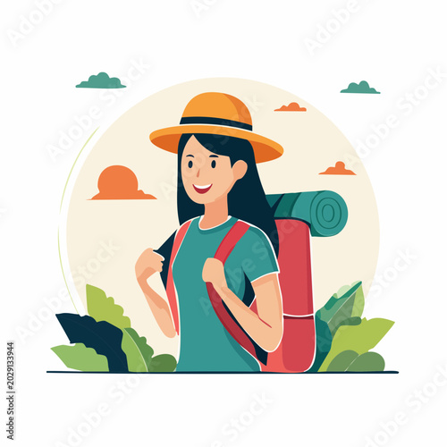 Young Woman Traveler with Backpack and Hat