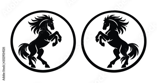 Foto Stallion horse silhouette logo set, rearing black mustang in circular frame vect