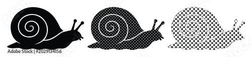 Foto Snail silhouette vector set, black gastropod icons with halftone patterns, 3 gar