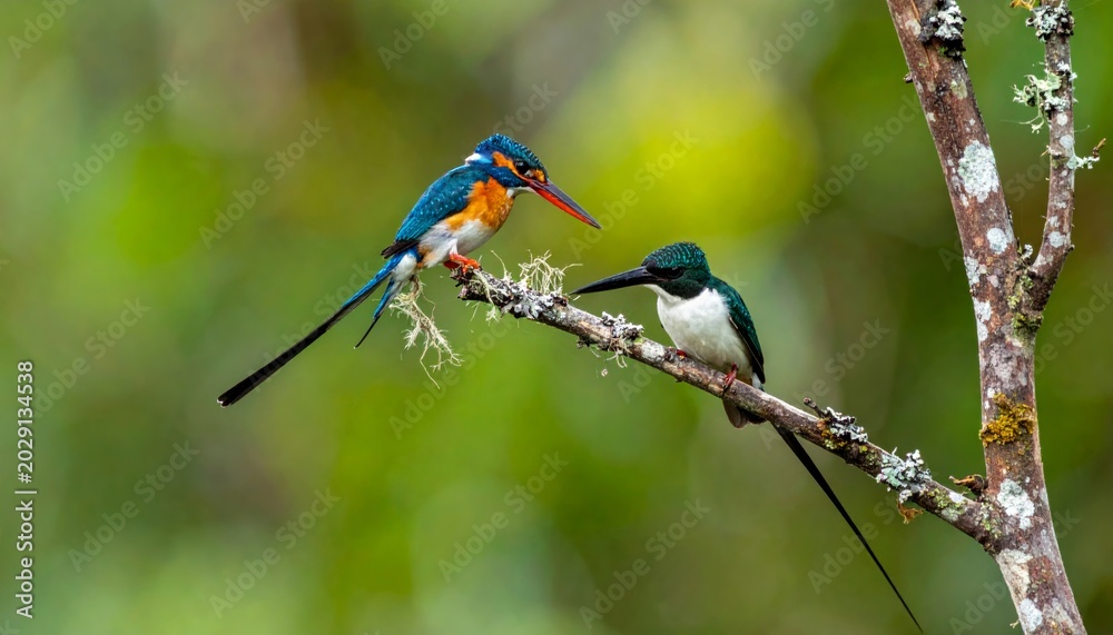 Fototapeta premium Two colorful kingfisher birds perched on branch.