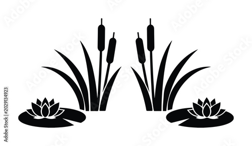 Tableau sur toile Minimalist black cattail silhouette vector, pond water lily and bulrush reed ill