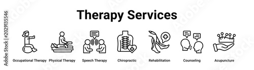 Foto Therapy Services web banner icon vector illustration concept for medical with icon of Occupational Therapy, Physical Therapy, Speech Therapy, Chiropractic, Rehabilitation
