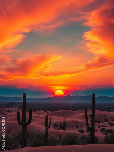 A stunning sunset panorama paints the sky above a serene desert landscape, with silhouettes of cacti and sand dunes,  cacti,  vast
