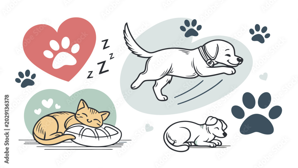 Fototapeta premium Cute cartoon animals sleeping and playing with hearts and paw prints