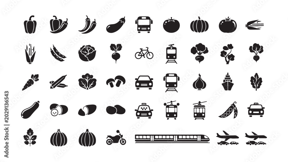 Obraz premium Collection of black and white icons for vegetables fruits and various transportation modes isolated