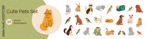 Bilde på lerret Cute pets set vector illustration bundle, flat cartoon cats, dogs, rabbits, parrots